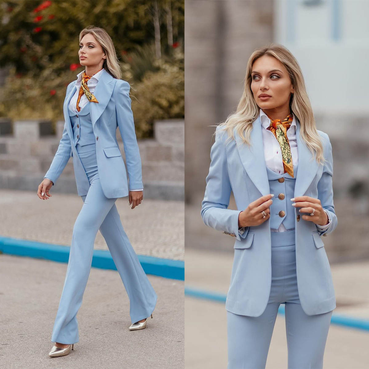 Women Formal Party Wear Dress - Women Formal Suits Sky Blue Peaked