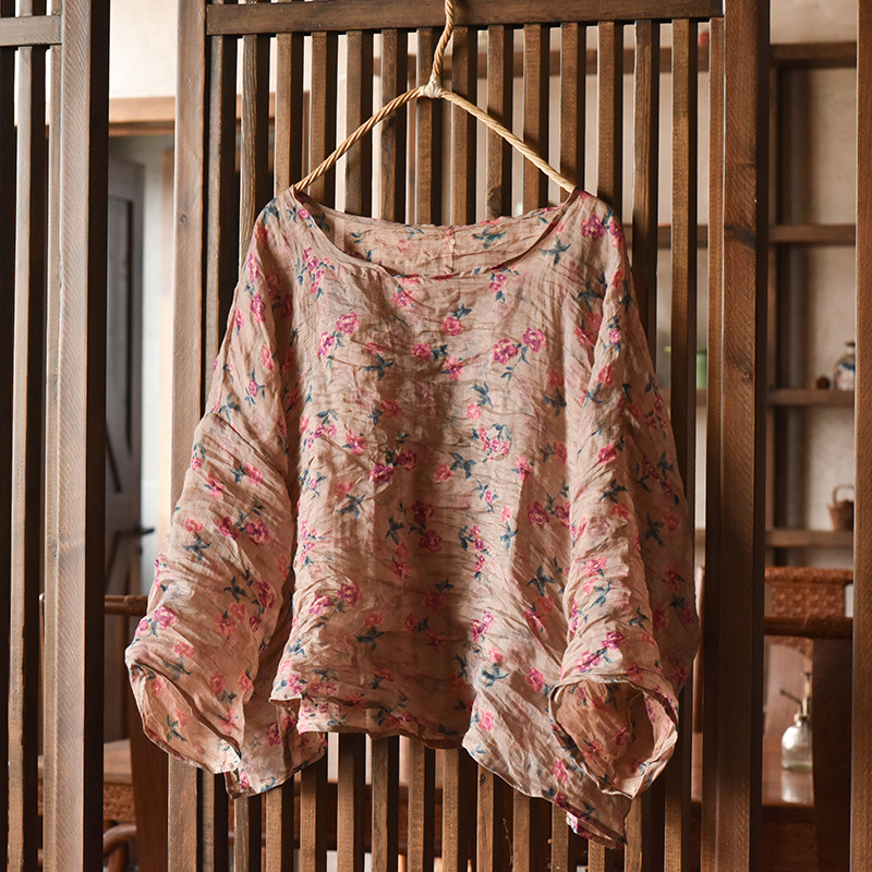 Women'S Formal Wear Blouse - Women Oversize Vintage Ramie O-Neck Top