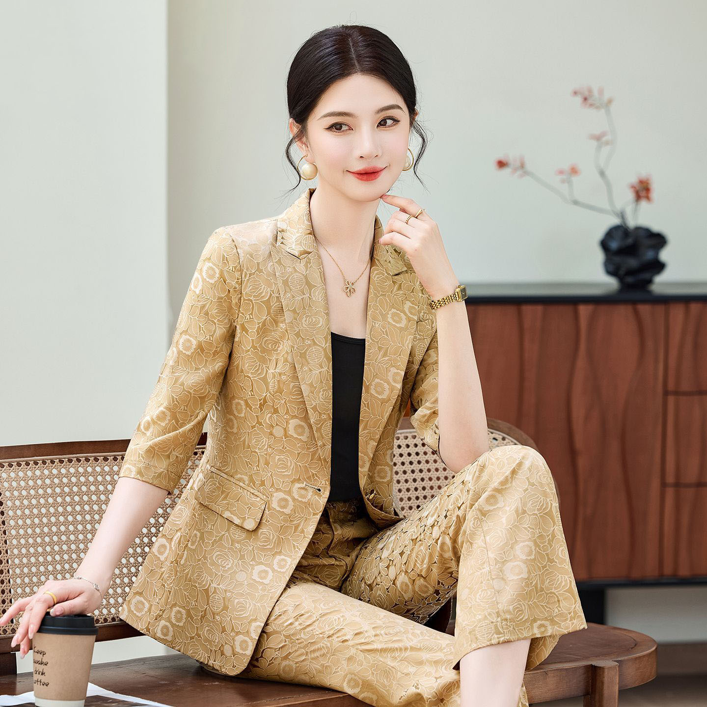 Fashion Apricot Half Sleeve Pr - Women'S Formal Wear Pants Suit review and price